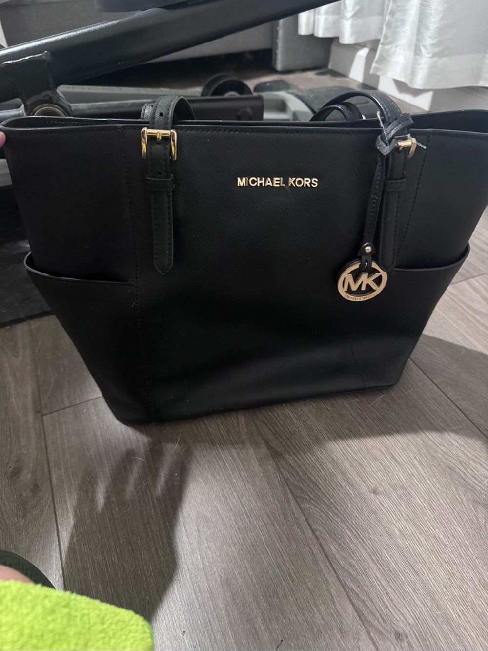 Michael Kors Black Saffiano Leather Tote with Gold MK Charm